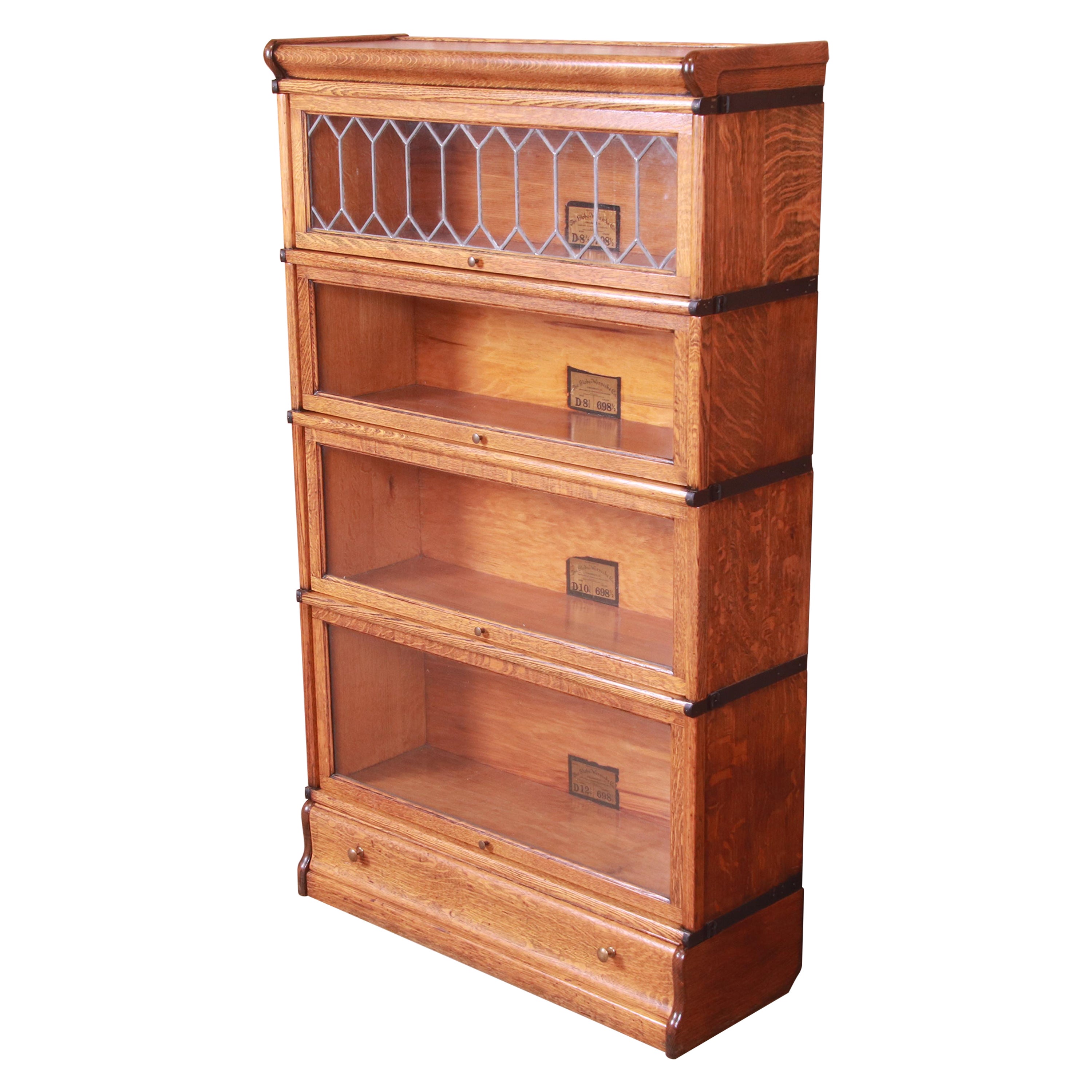 Globe Wernicke Oak Four-Stack Barrister Bookcase with Leaded Glass, circa 1900