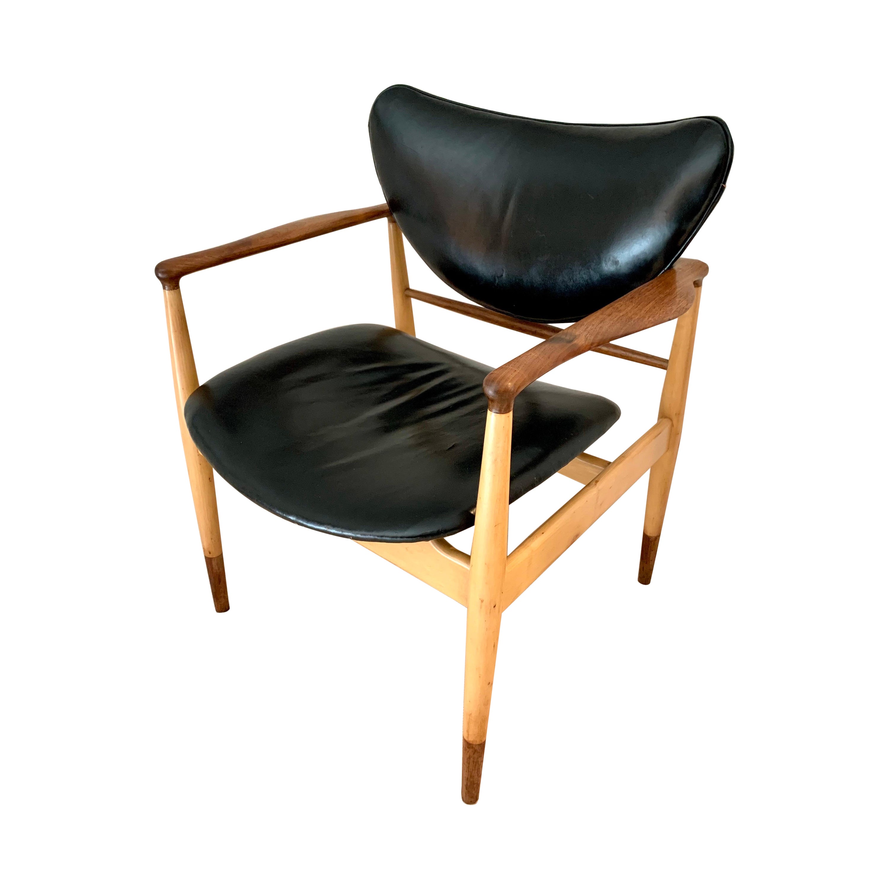 Classic Danish Modern Finn Juhl #48 Rare Maple, Walnut and Leather Chair Vodder