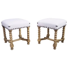 Pair of Early 1900s Bleached French Stools with White Cotton and Nailhead Trim