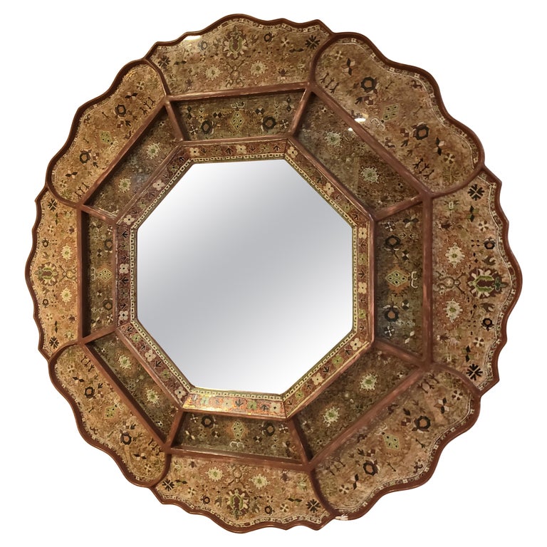 Robert Weiss Large Wood Frame Hand Painted Reverse Glass Wall Mirror For Sale