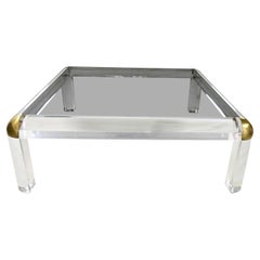 Monumental Lucite & Brass Square Coffee Table Smoke Glass Top Attr Karl Springer