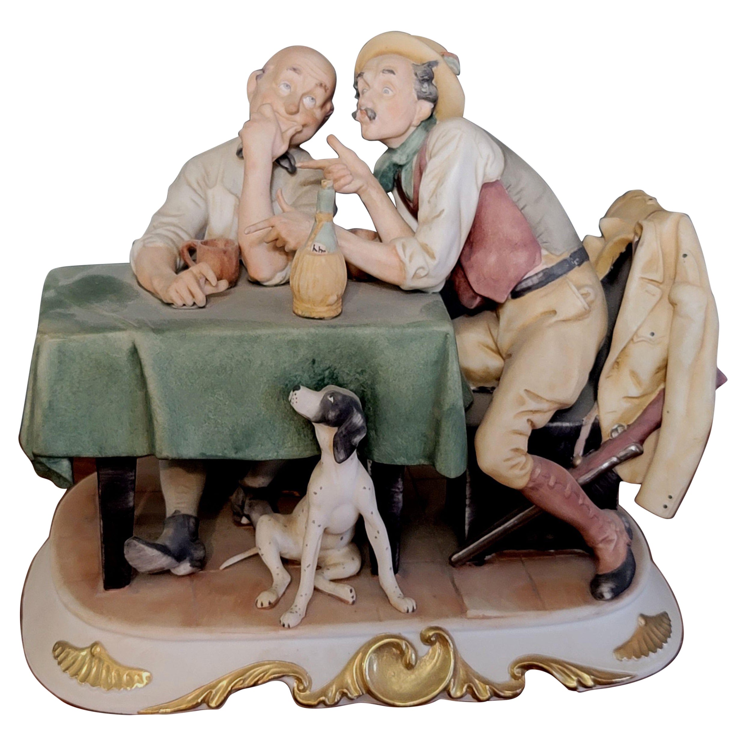 Capodimonte Porcelain Antonio Barsato's Tow Men with Dog and Chianti For Sale