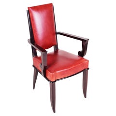 Used Red Leather Armchair, Art Deco, Made in 1920s France, Designed by Jules Leleu