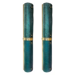 Contemporary Pair of Brass and Blue Peacock Murano Glass Sconces, Italy