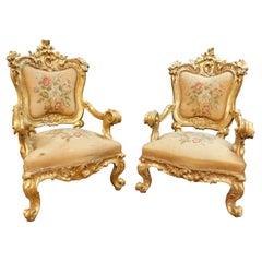 Antique Pair of Gilded Armchairs, Original Fabric Flowers, 17th Century Rome