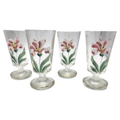 Antique Belle Époque Set of 4 Handpainted Bohemian Wine Glasses Lilies