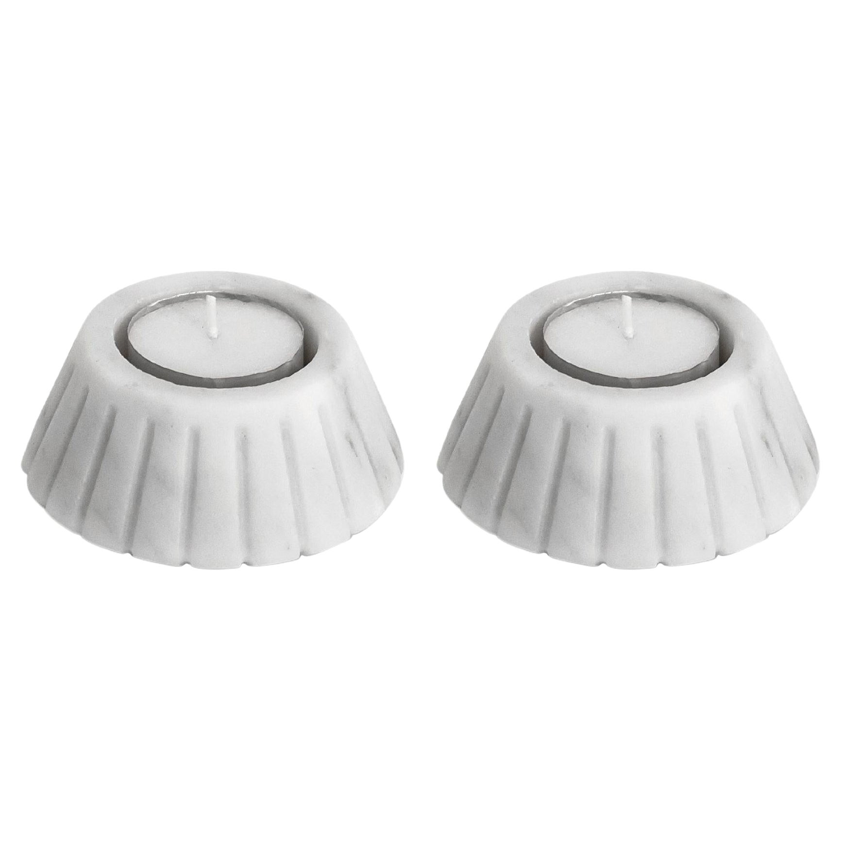 Handmade Set of 2 Tealight Holders in Satin Marble For Sale
