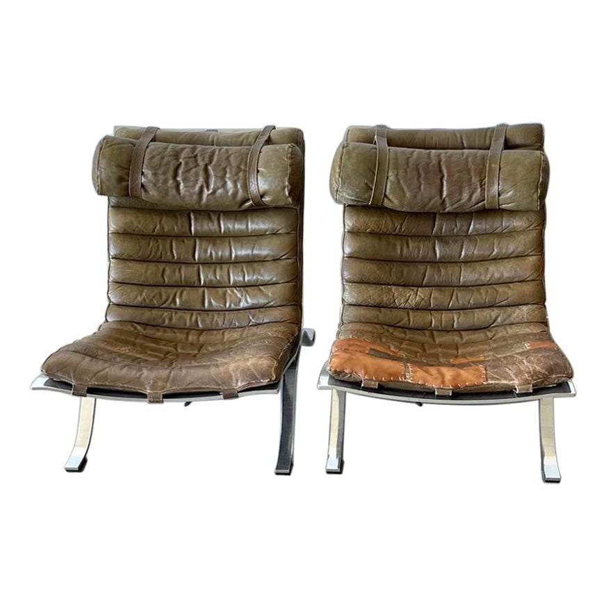 Pair of Brown Leather and Steel Ari Lounge Chairs by Arne Norell