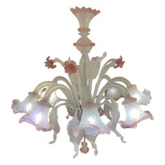 Vintage Italian Murano Chandelier 8 Arms, Pink Glass Flowers and Leaves, circa 1960s