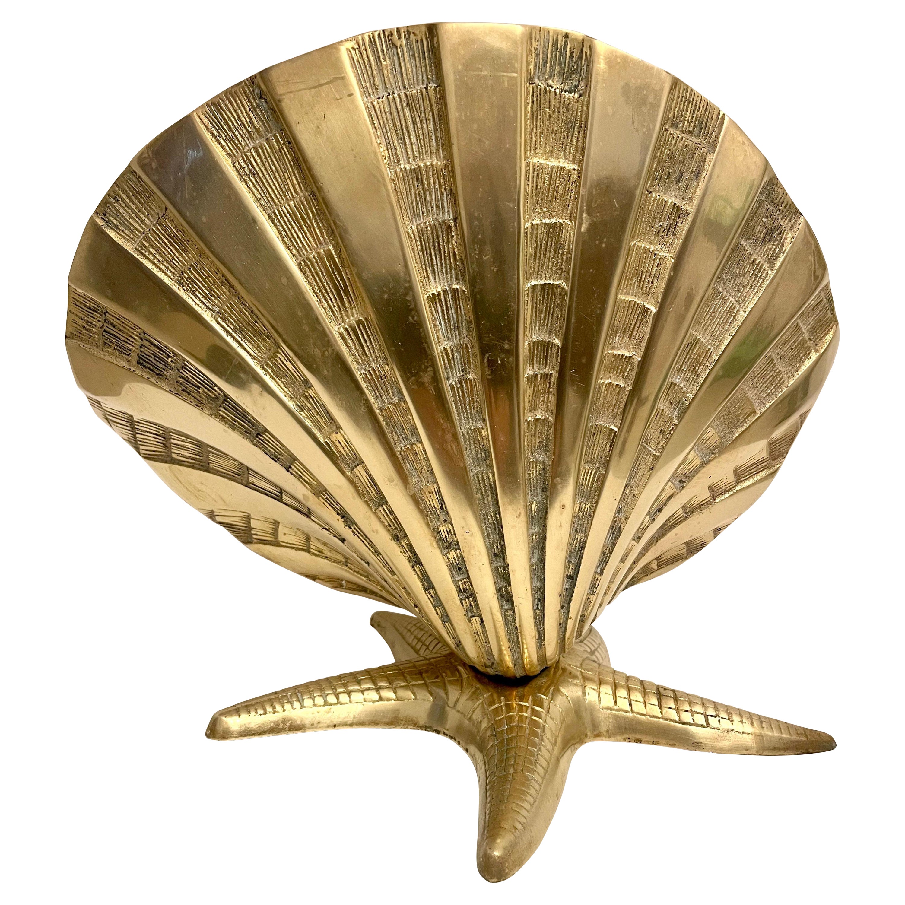 Giant Brass Nautical Clam Shell Seashell on Starfish Base Sculpture