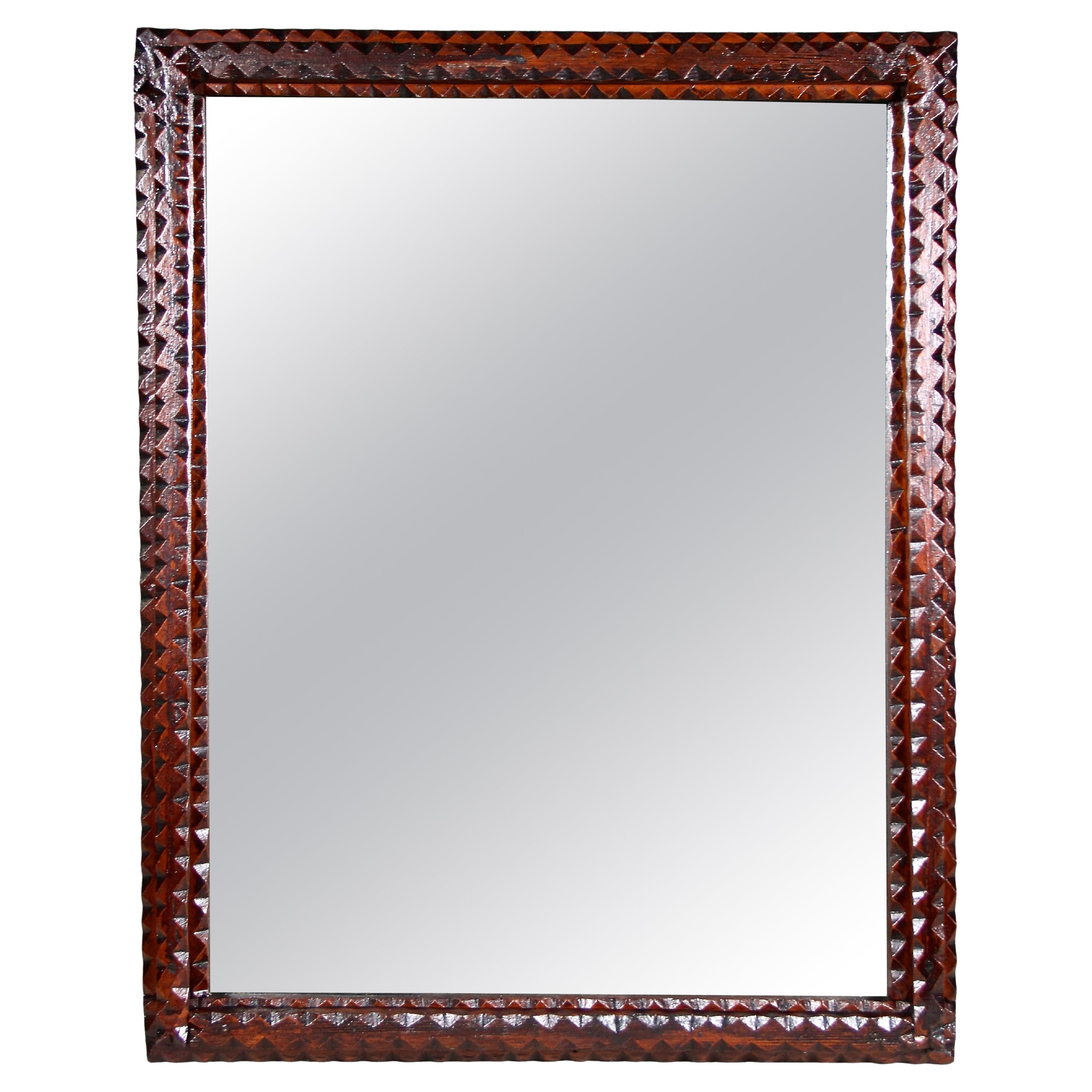 Rustic Tramp Art Wall Mirror Basswood Handcarved, Austria, circa 1880