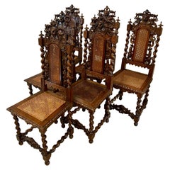 Exhibition Quality Antique Victorian Italian Carved Walnut Set 8 Dining Chairs