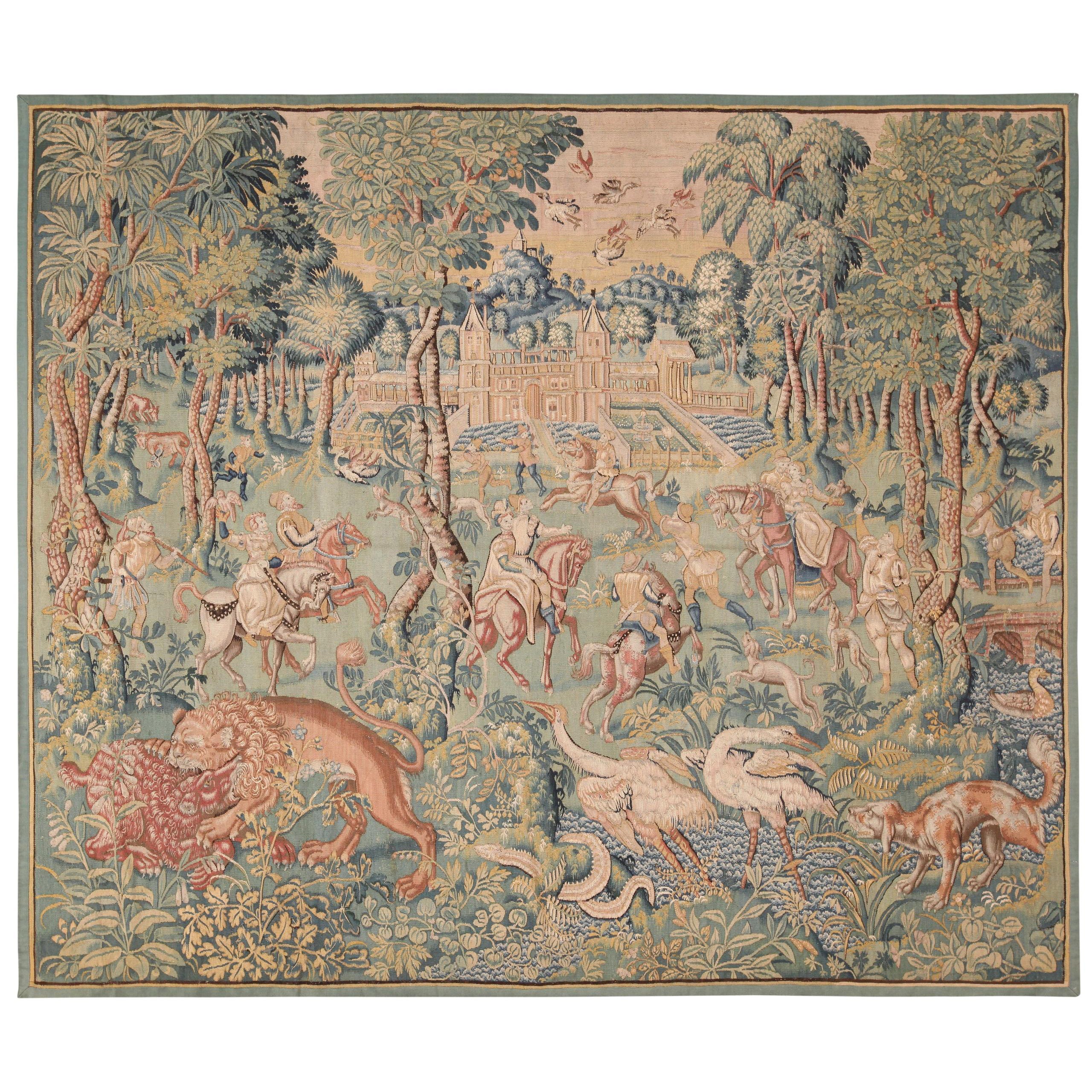 Antique Belgian Tapestry. Size: 8 ft x 9 ft 6 in  For Sale