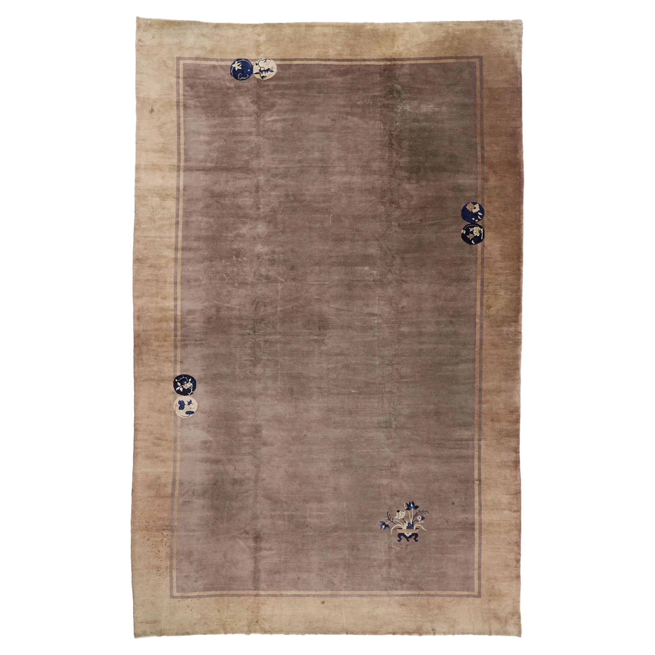 Distressed Antique Chinese Peking Rug with Minimalist Style