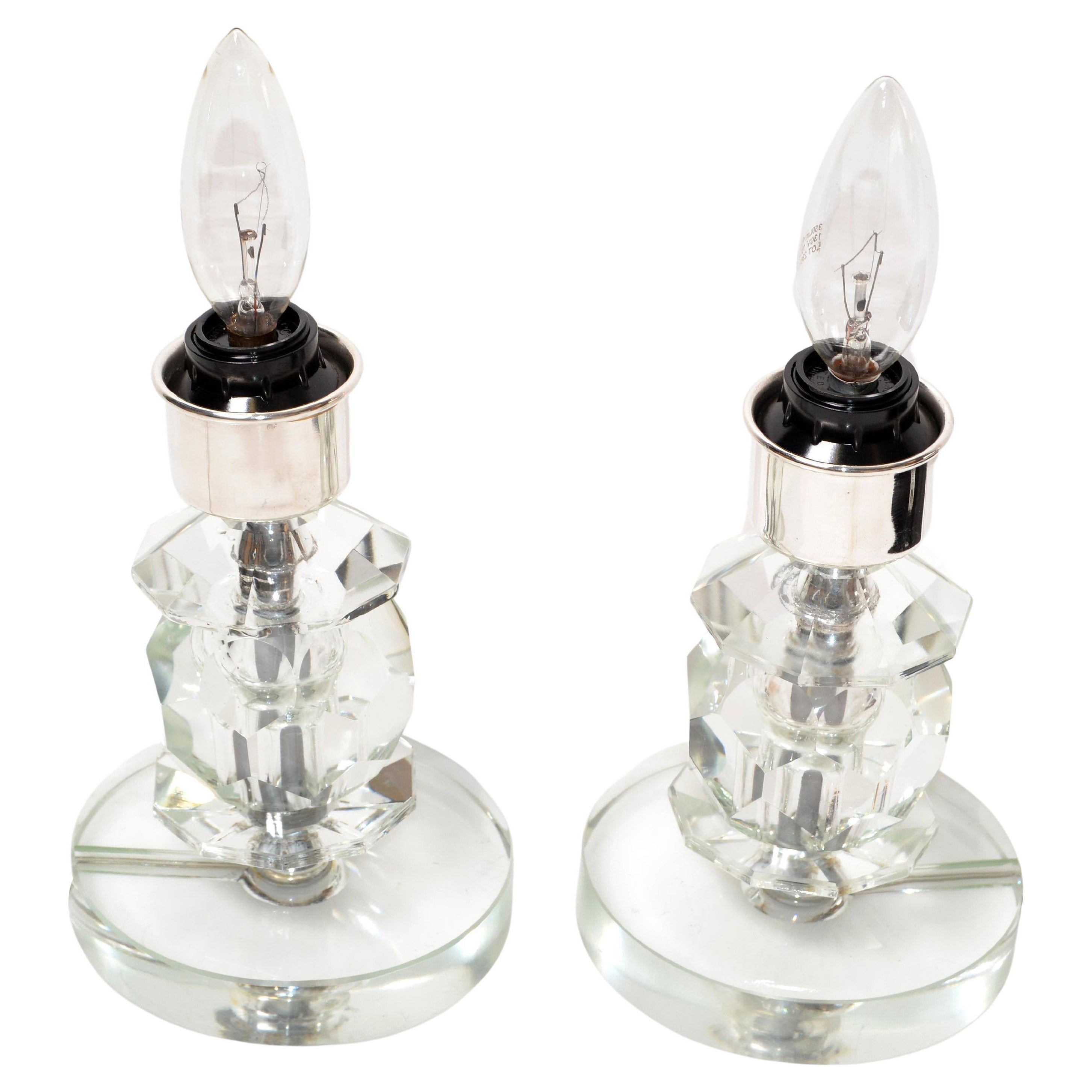 Stacked Crystal Glass & Chrome Table Lamps, a Pair For Sale