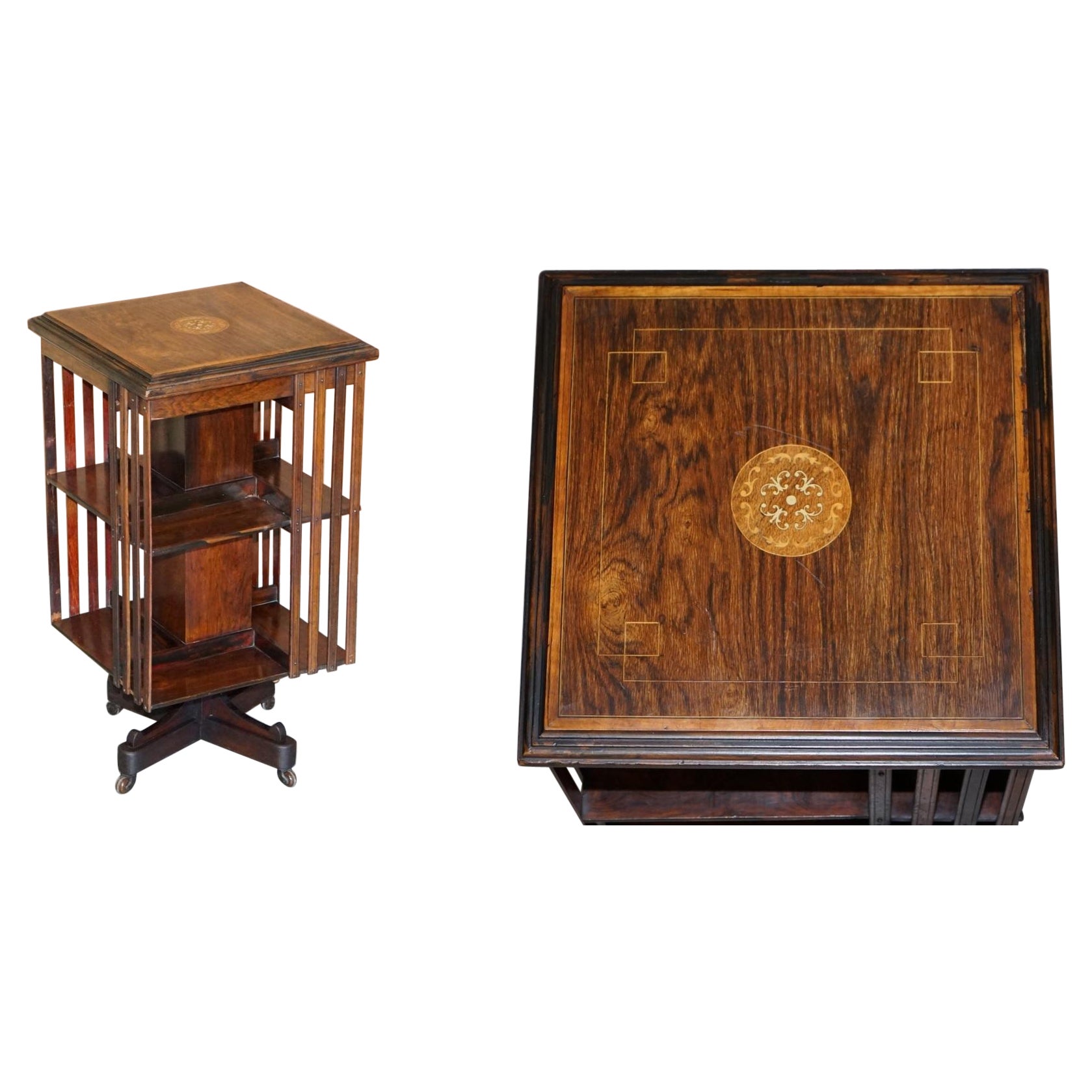 Circa 1900 Librería giratoria eduardiana de madera dura Mesa de libros Sheraton con incrustaciones
