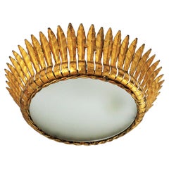 Large Spanish Gilt Metal Crown Sunburst Leafed Light Fixture with Frosted Glass