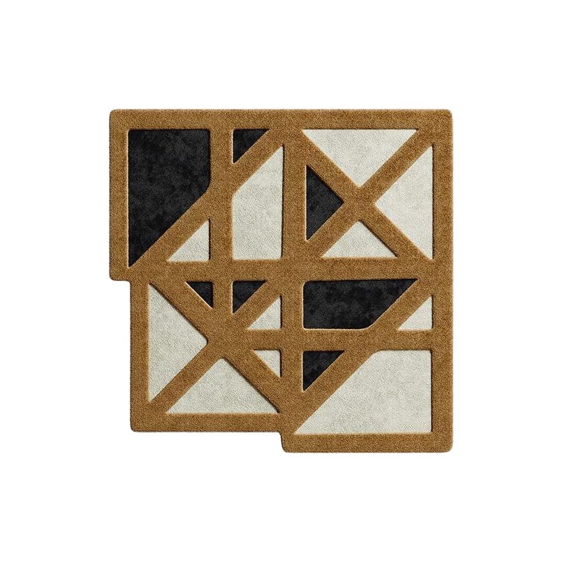 Tapis carré contemporain à motif géométrique en laine noir, camel et beige