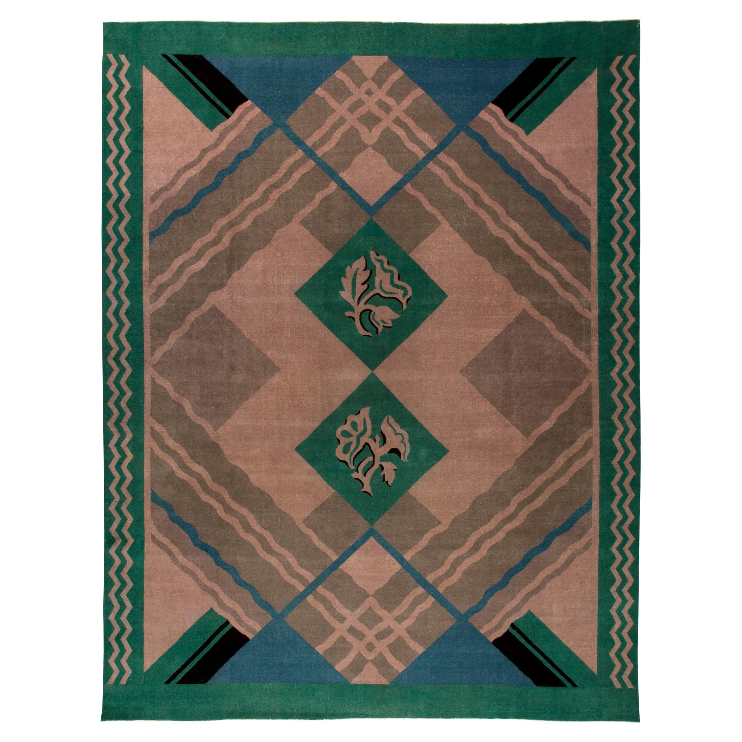 Vintage Chinese Art Deco Green Handmade Rug For Sale