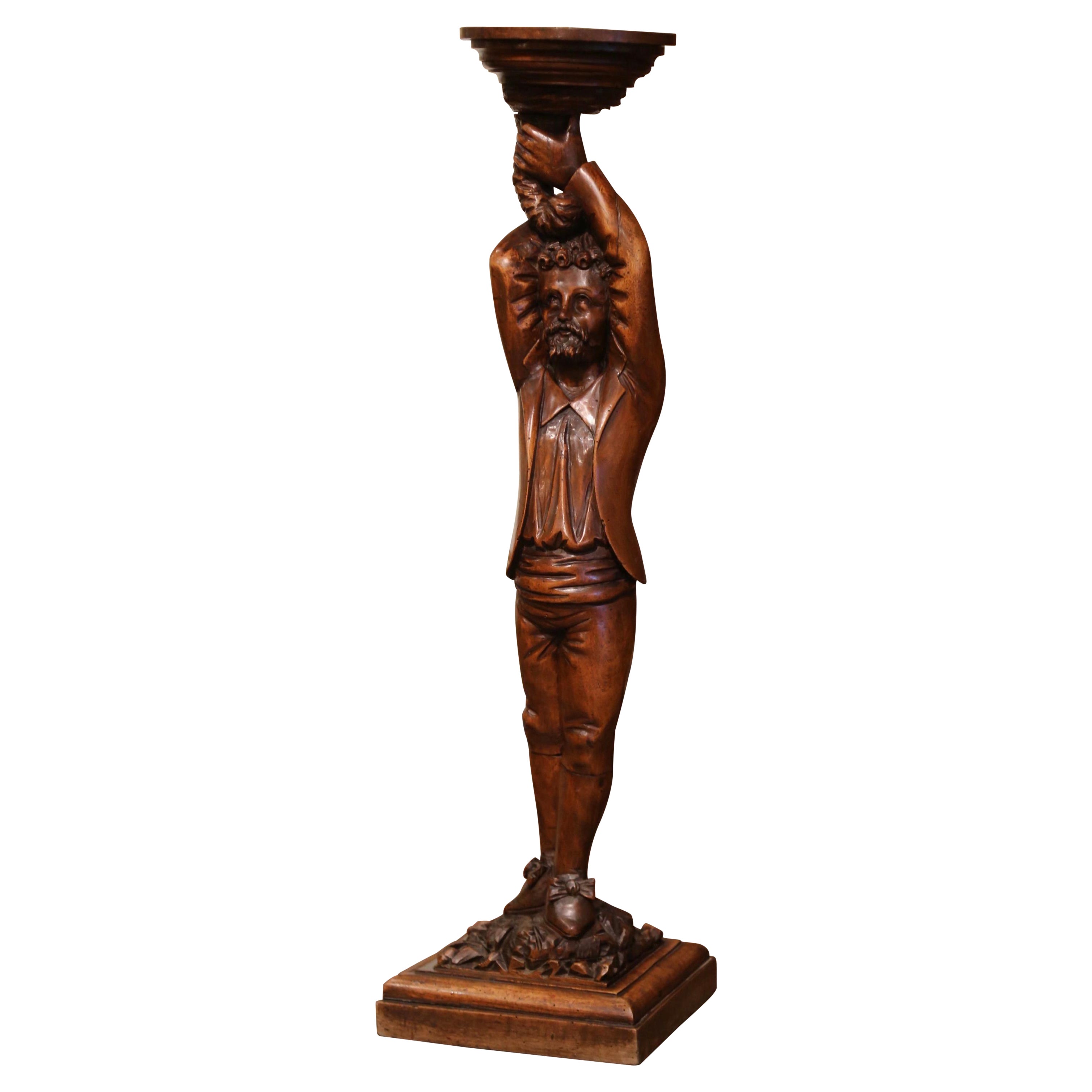 Mid-19th Century French Carved Walnut Pedestal Table with Gentleman Sculpture