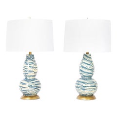 Pair of Mid-Century Blue and White Double Gourd Glass Table Lamps 