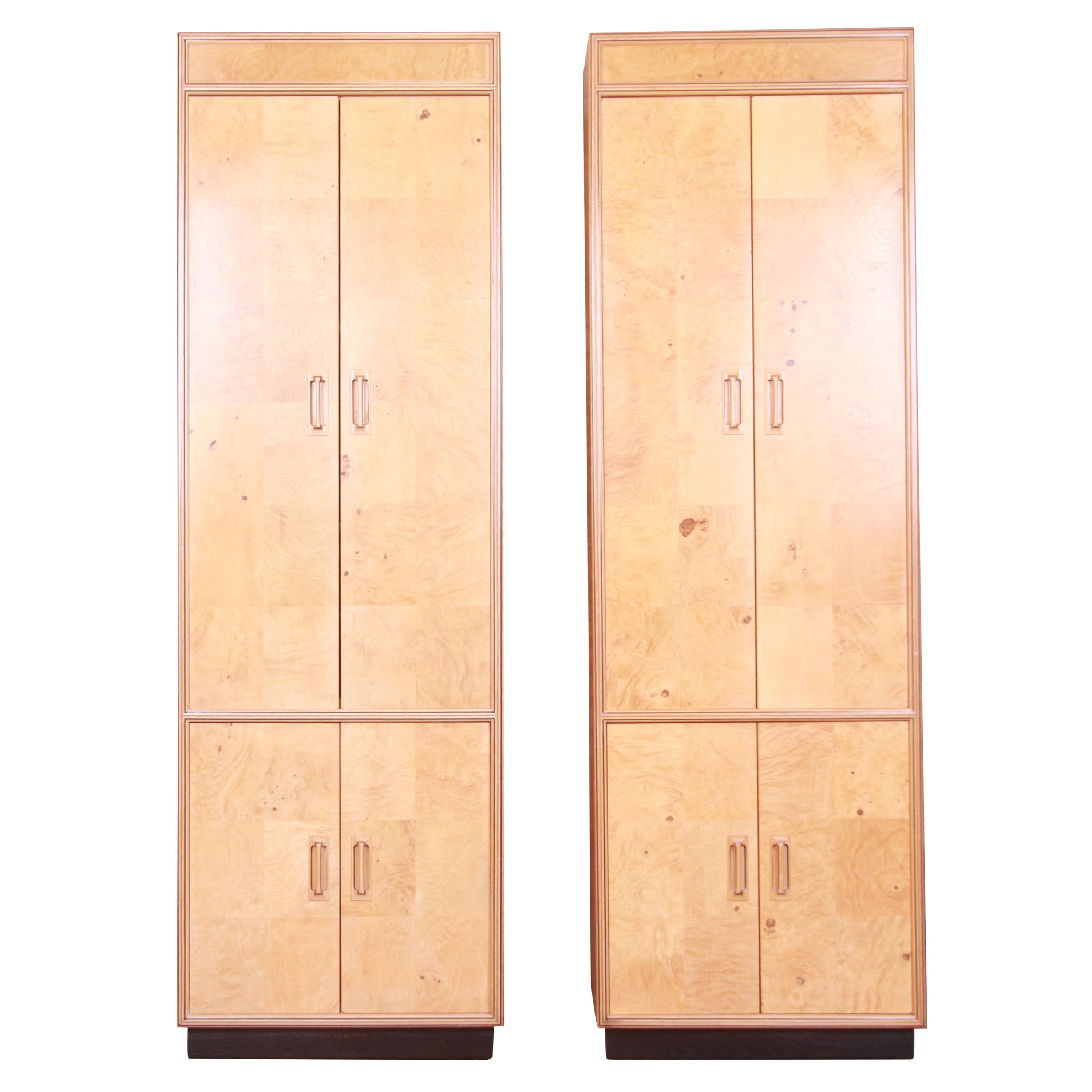 Milo Baughman Style Burl Wood Armoire Dressers by Henredon, Pair