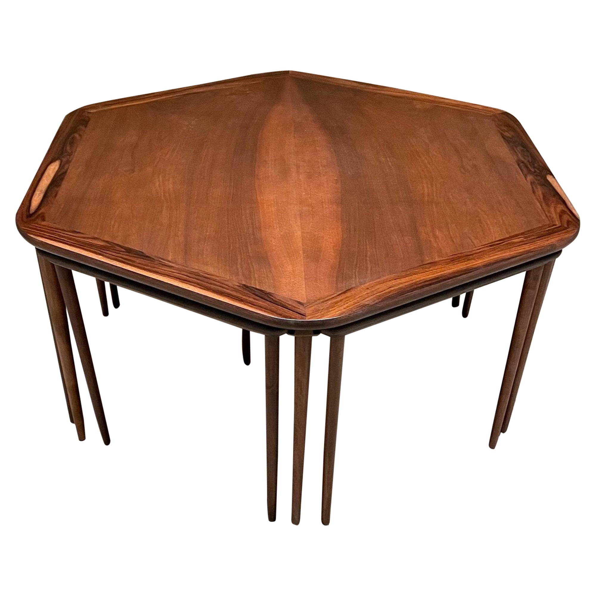 1950s France & Son Rosewood Hexagonal Coffee Table and Six Nesting Tables 