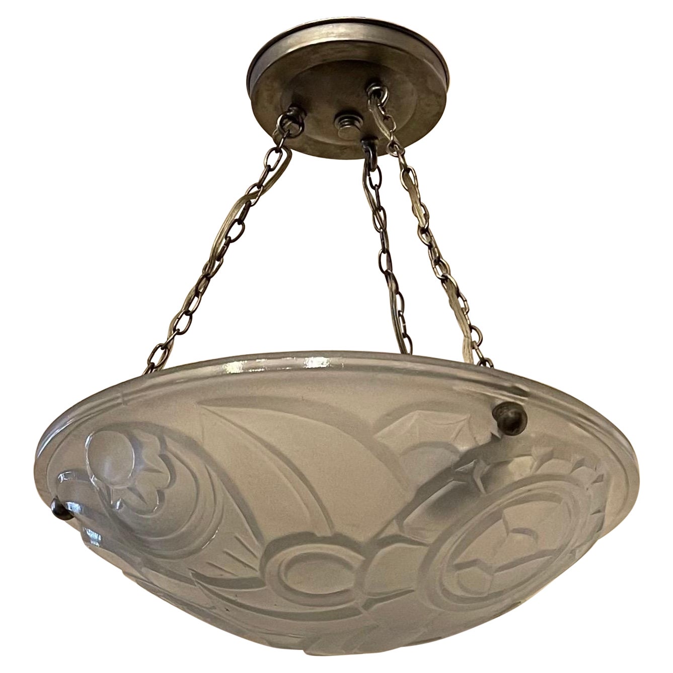 Fine French Art Deco Frosted Glass Pendent Semi Flush Three-Light Nickel Fixture