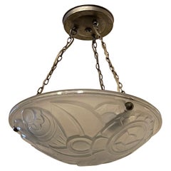 Vintage Fine French Art Deco Frosted Glass Pendent Semi Flush Three-Light Nickel Fixture