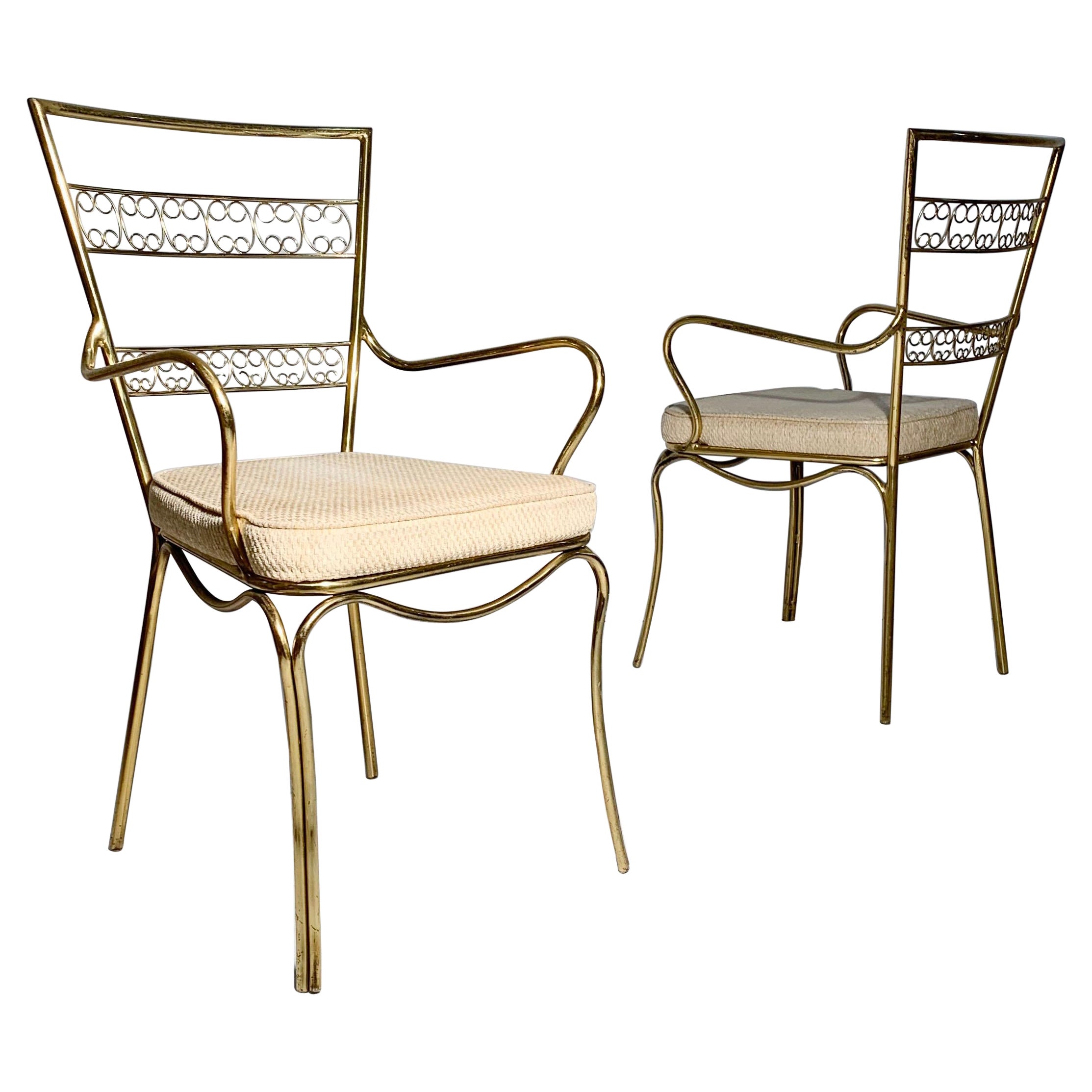 Vintage Pair of Graceful Italian Brass Chairs For Sale