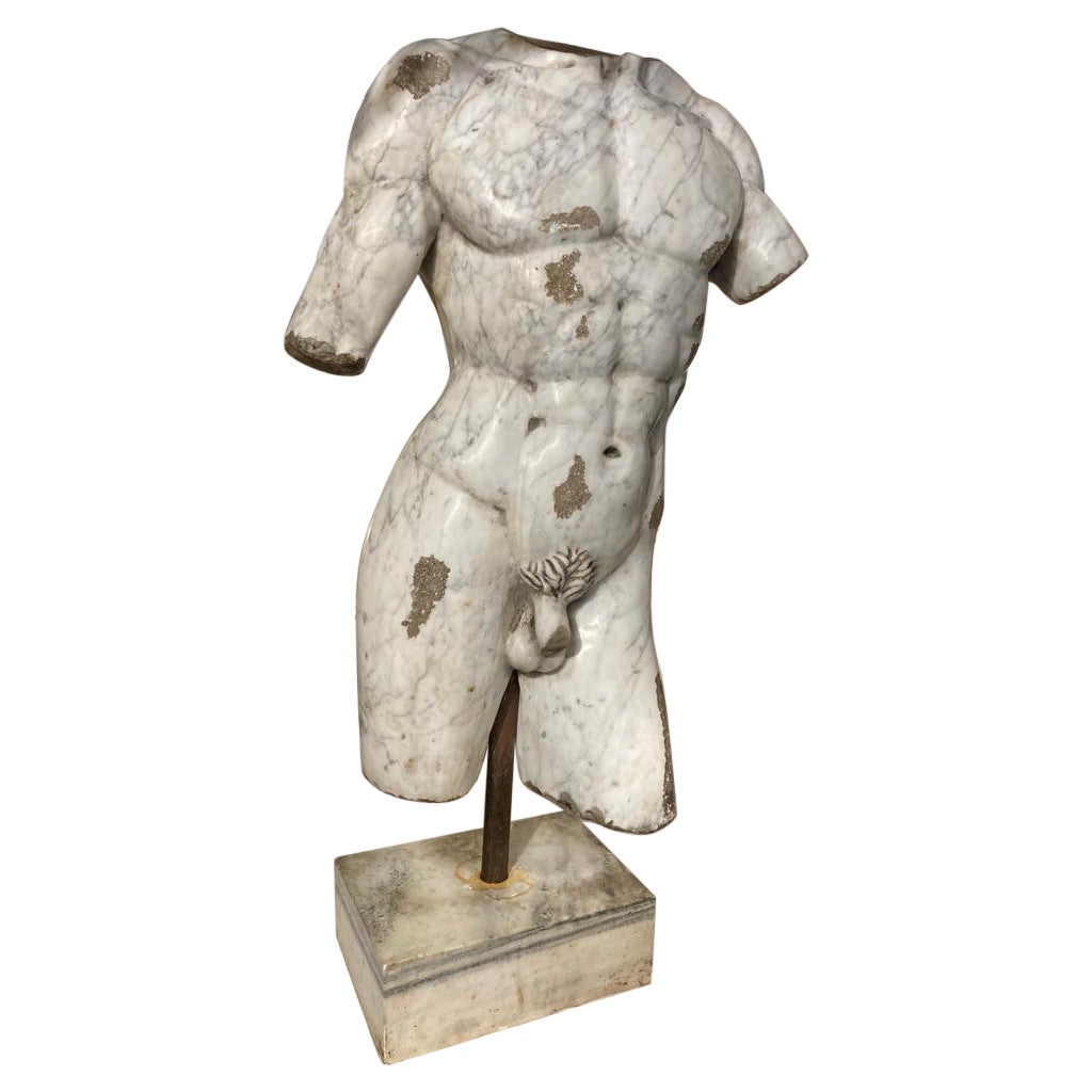 19th Century Italian Grand Tour Carved Marble Nude Male Torso