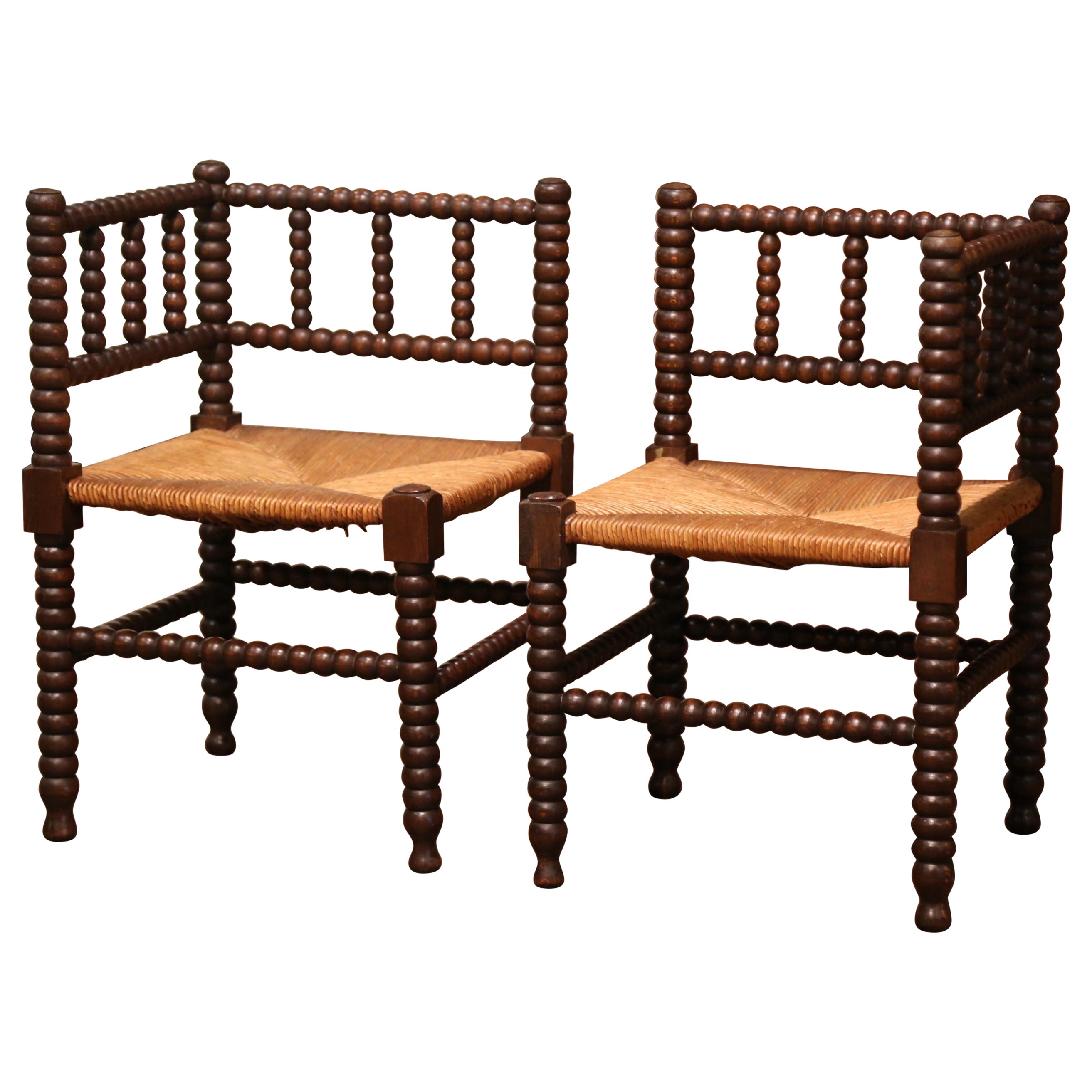 Pair of Mid-Century French Bobbin Turned Oak and Rush Seat Low Corner Chairs