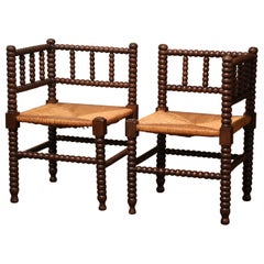 Vintage Pair of Mid-Century French Bobbin Turned Oak and Rush Seat Low Corner Chairs