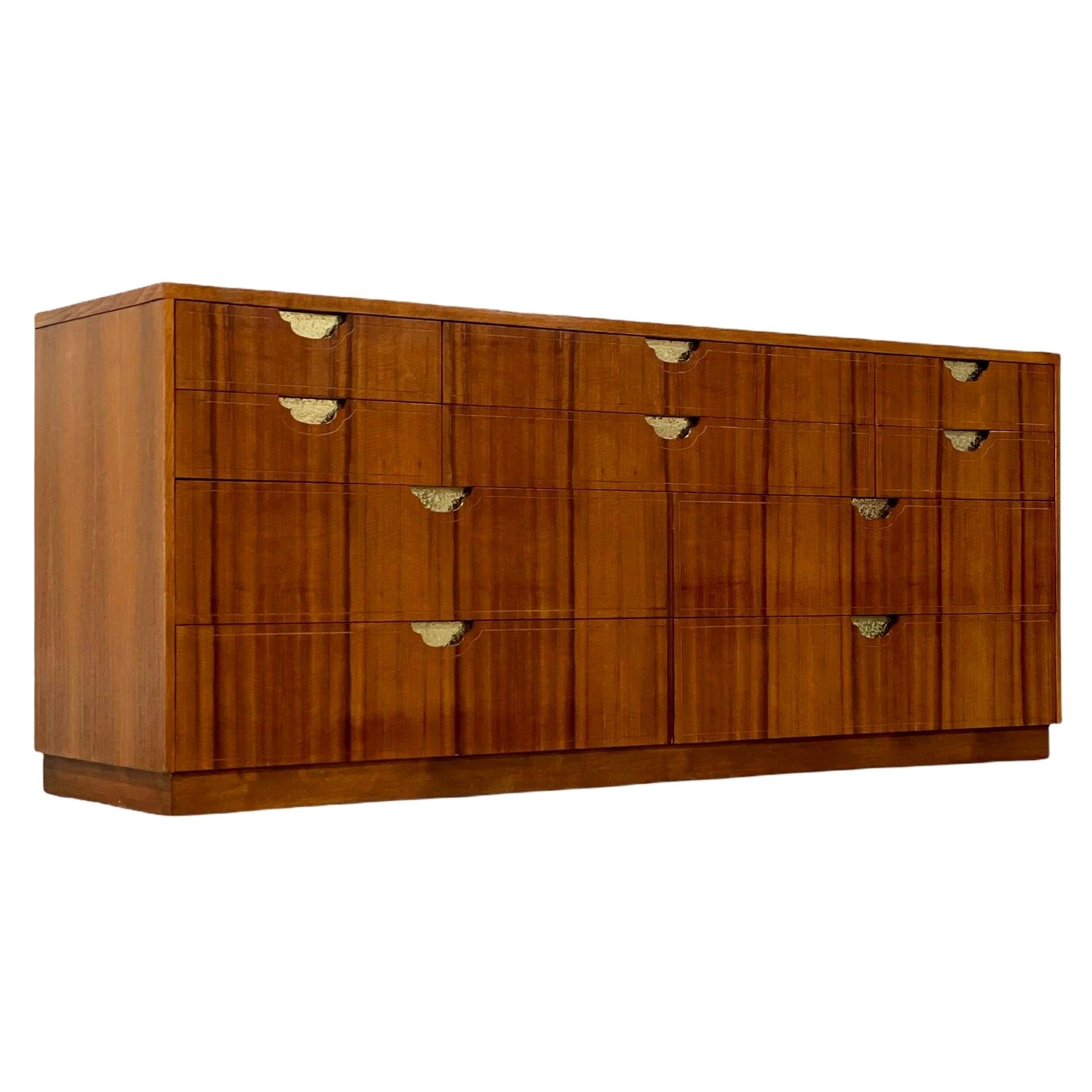 Baker Furniture, Vintage Modern Ten Drawer Dresser in Walnut and Hammered Brass