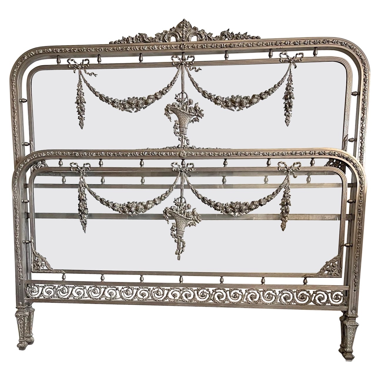 French 19th Century Louis XVI Metal and Glass Bed Frame with Head and Footboard