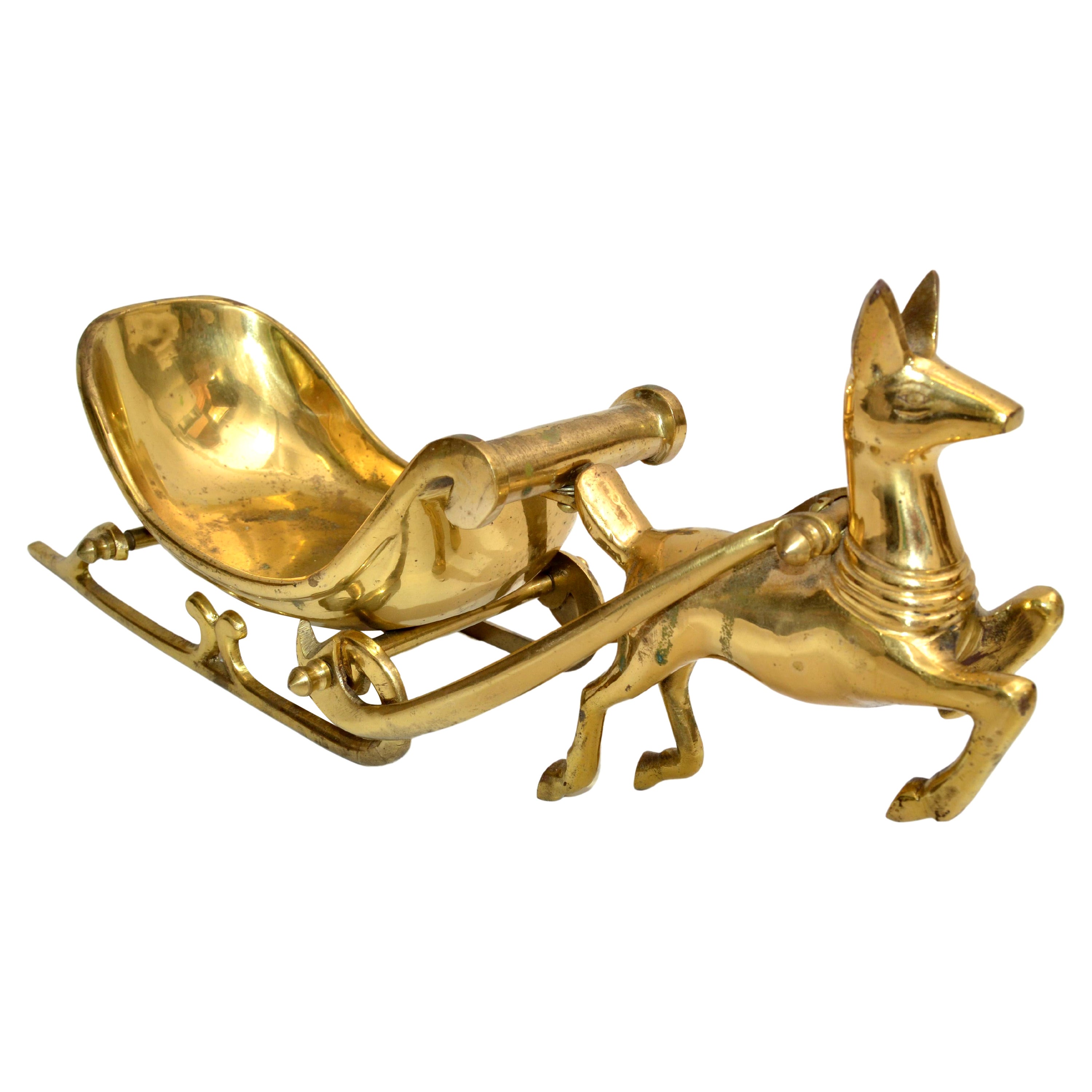 Hollywood Regency Century Handmade Brass Deer Figurine Pulling Sleigh 1970