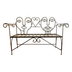 Vintage Wrought Iron Faces Patio Bench or Outdoor Settee 