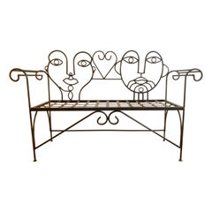 Retro Wrought Iron Faces Patio Bench or Outdoor Settee 