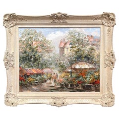 Vintage Oil on Canvas Painting "Marche aux Fleurs" in Carved Frame Signed P. Latour