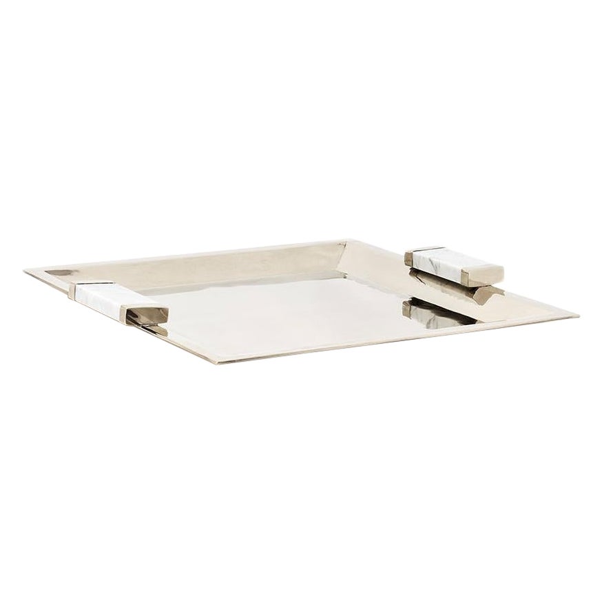 Capa Large Square Tray, Alpaca Silver & Gray Marble For Sale
