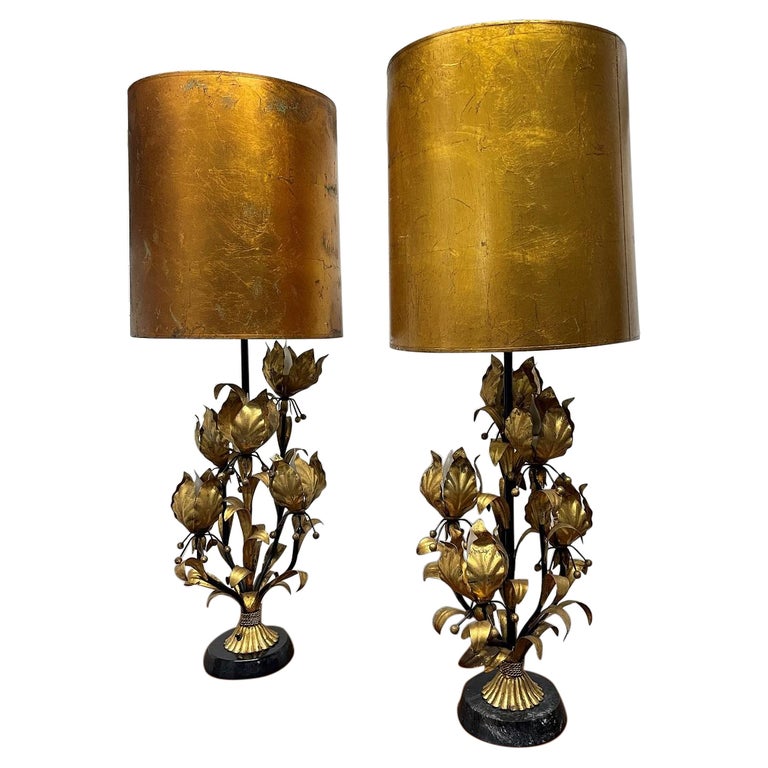 Pair 1950s Italian Gilt Metal Floral Lamps For Sale at 1stDibs