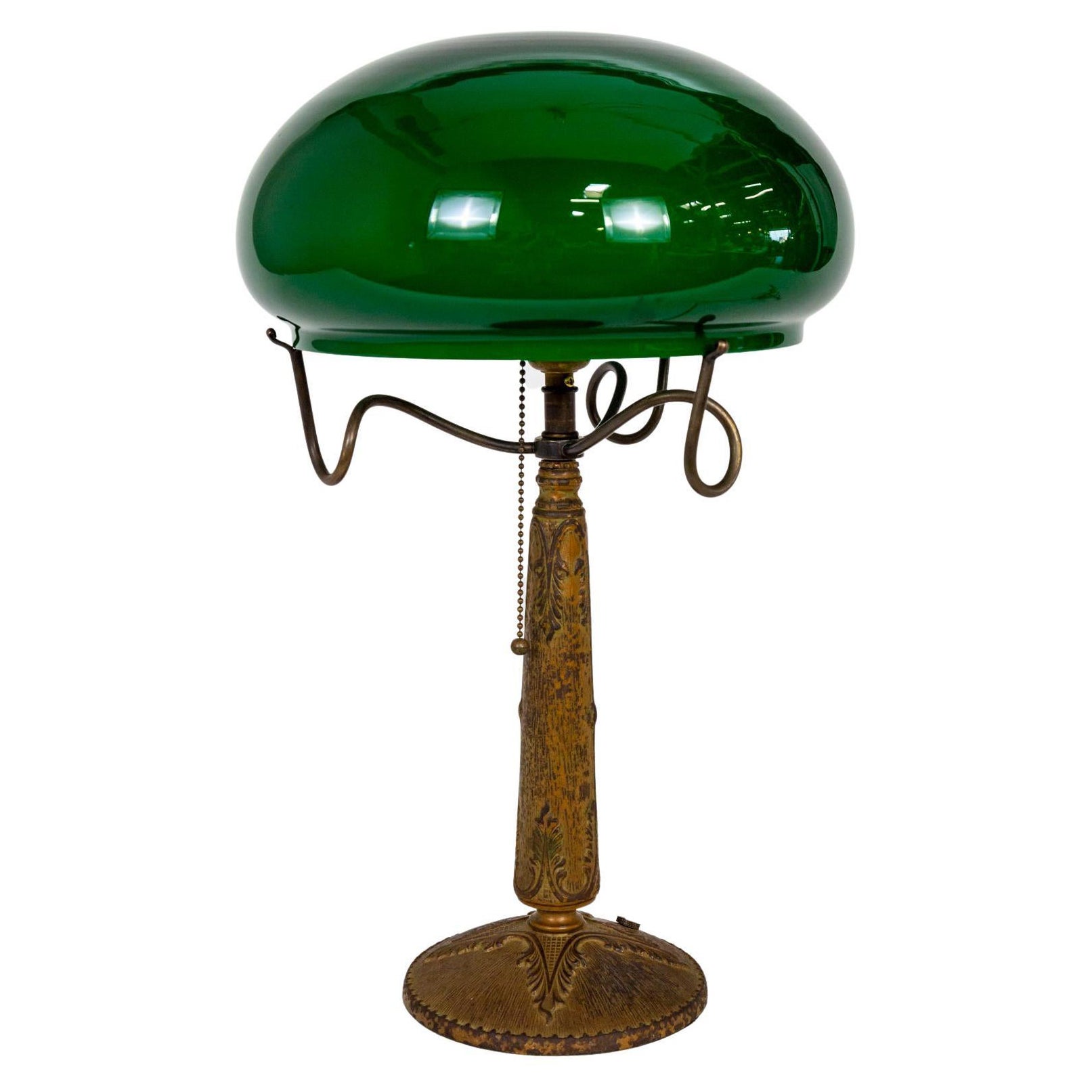 Textured Cast Metal Nouveau Lamp w/ Green Glass Shade & Curled Shade Holder For Sale
