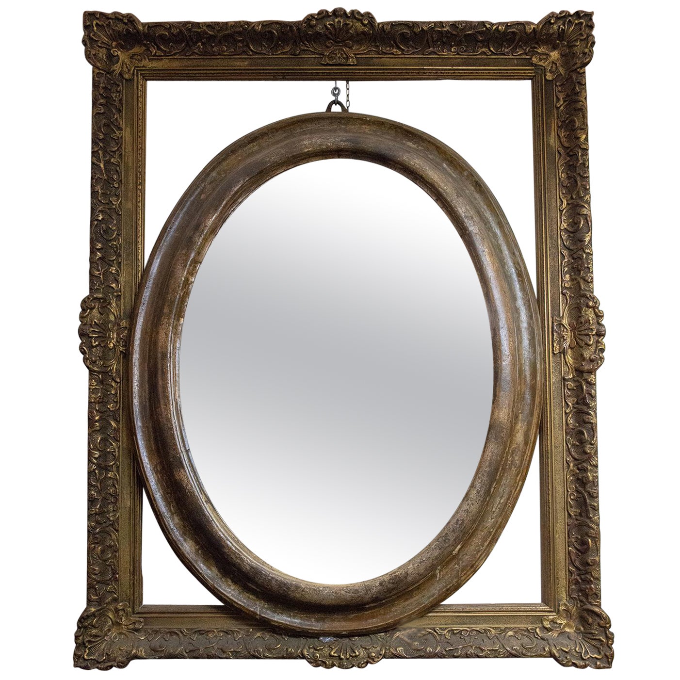 Oval Antique Frame in Silverleaf Wood and Another Rectangular Flemish For Sale