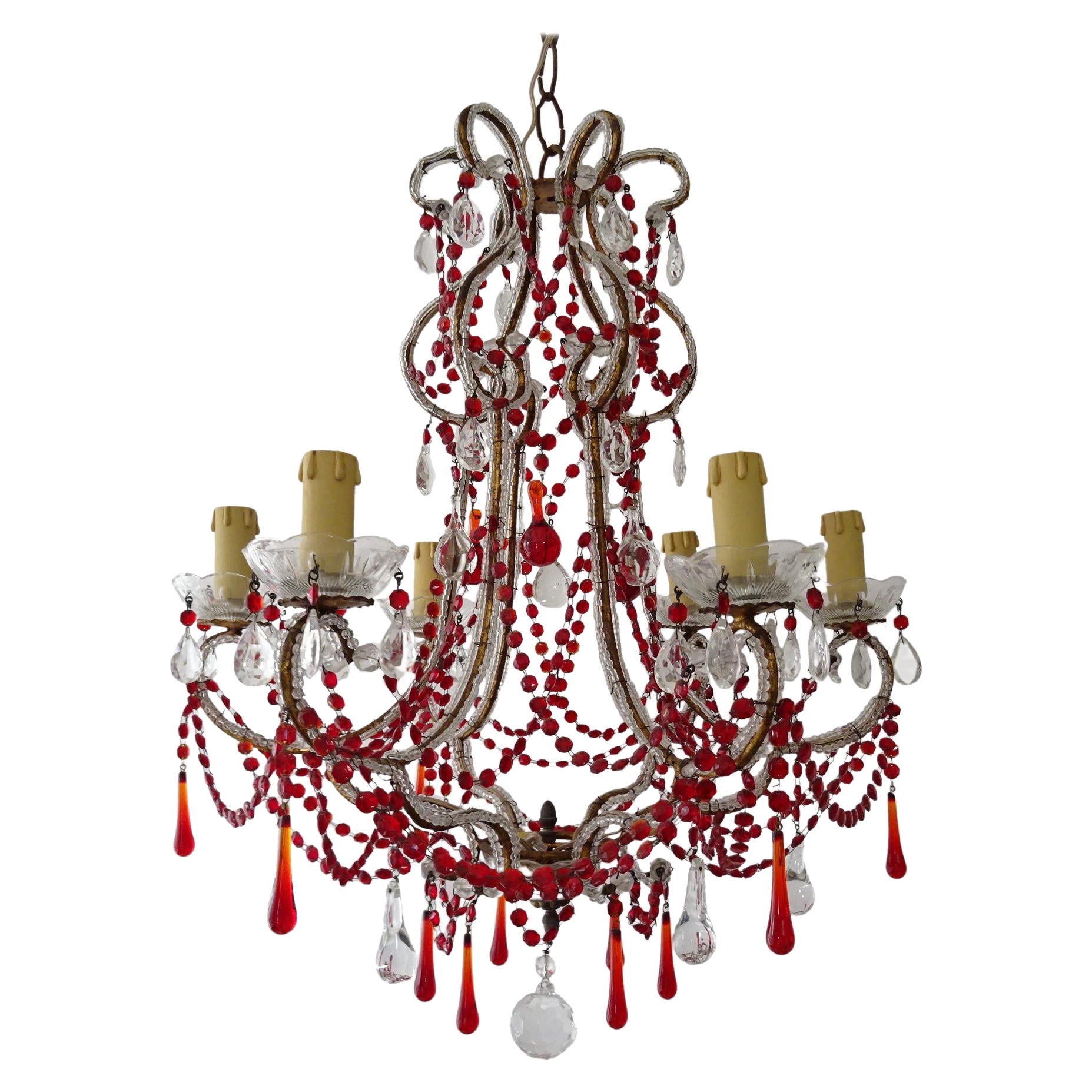 French Red Murano Drops and Chains Beaded Crystal Prisms Chandelier, circa 1900 For Sale