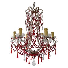 Antique French Red Murano Drops and Chains Beaded Crystal Prisms Chandelier, circa 1900
