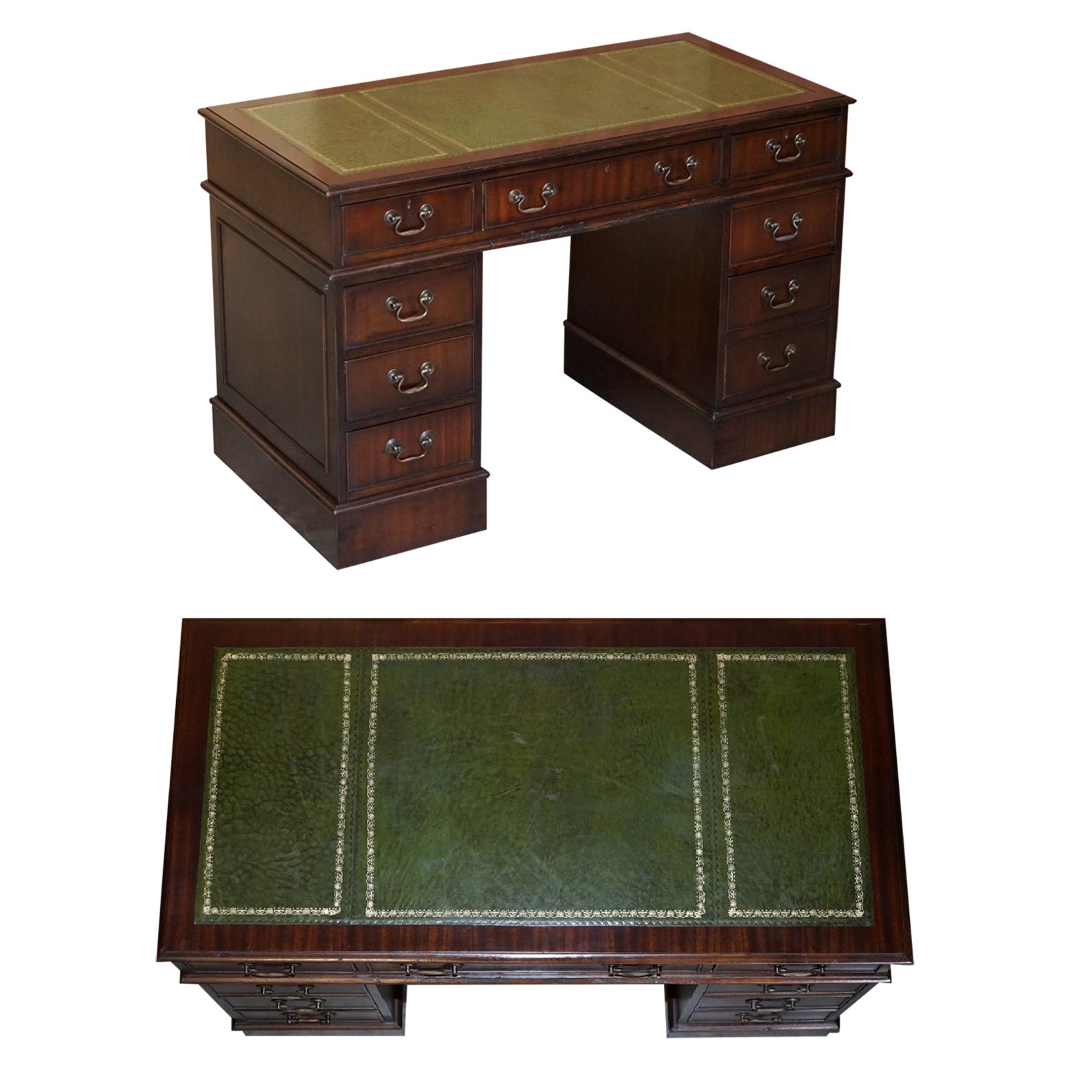 Luxury Vintage Green Leather Hardwood Twin Pedestal Traditional Partner Desk