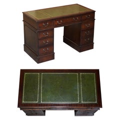 Luxury Vintage Green Leather Hardwood Twin Pedestal Traditional Partner Desk