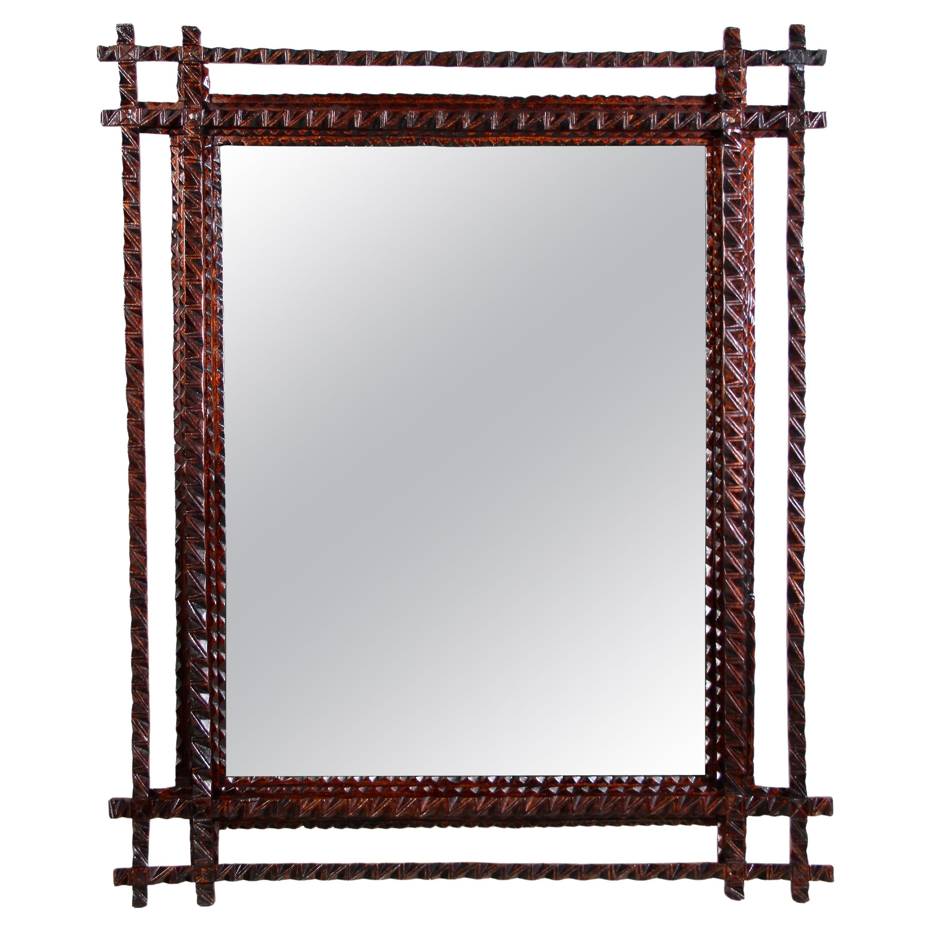 Rustic Tramp Art Wall Mirror Basswood Hand Carved, Austria, circa 1880 For Sale