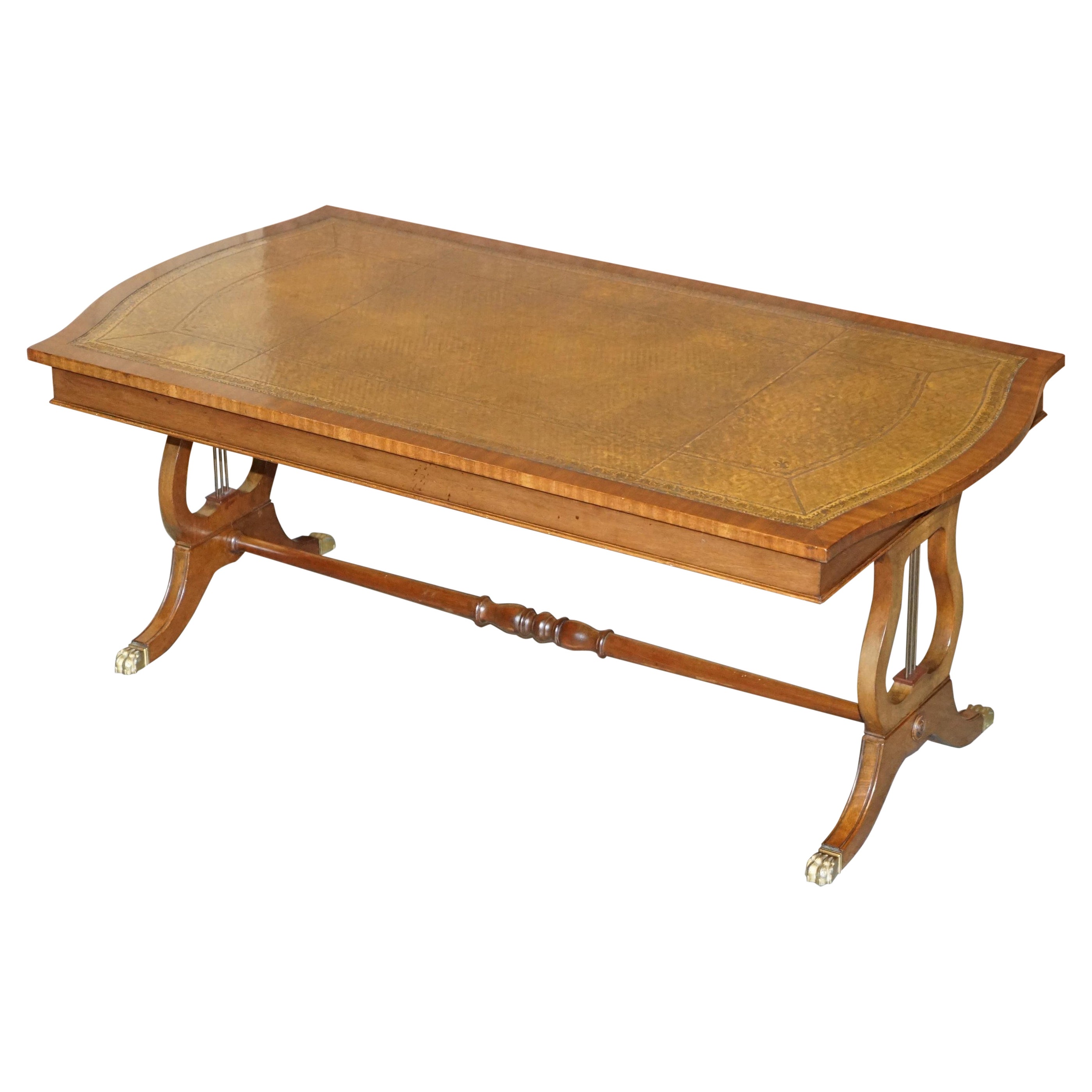 Lovely Vintage Hardwood & Brown Leather Large Coffee Cocktail Table Nice Frame For Sale