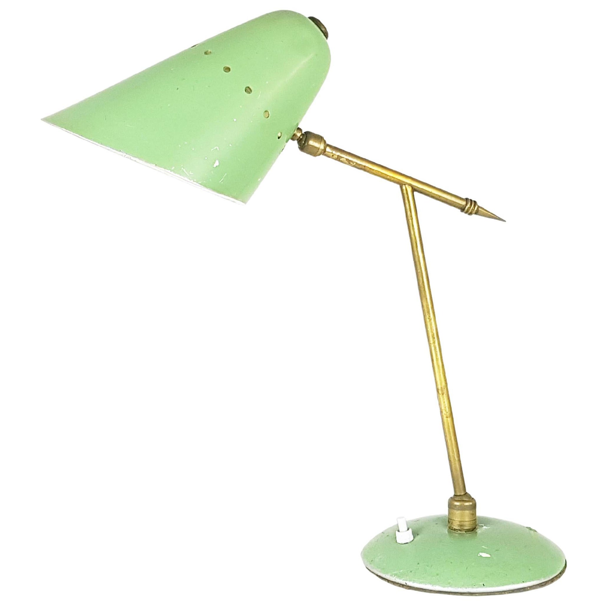 Midcentury Adjustable Aqua Green Metal & Brass Table Lamp